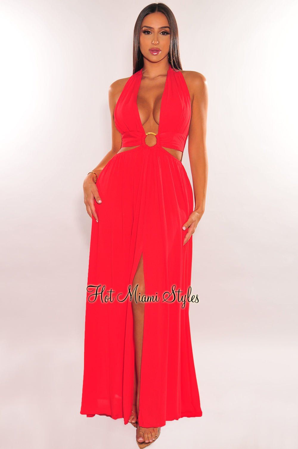 Red Halter Tie Up Cut Out O-Ring Slit Maxi Dress sold by Hot Miami Styles