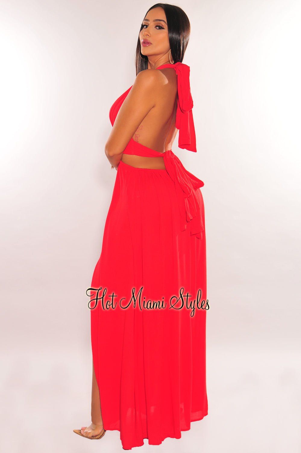 Red Halter Tie Up Cut Out O-Ring Slit Maxi Dress sold by Hot Miami Styles product image thumbnail 2