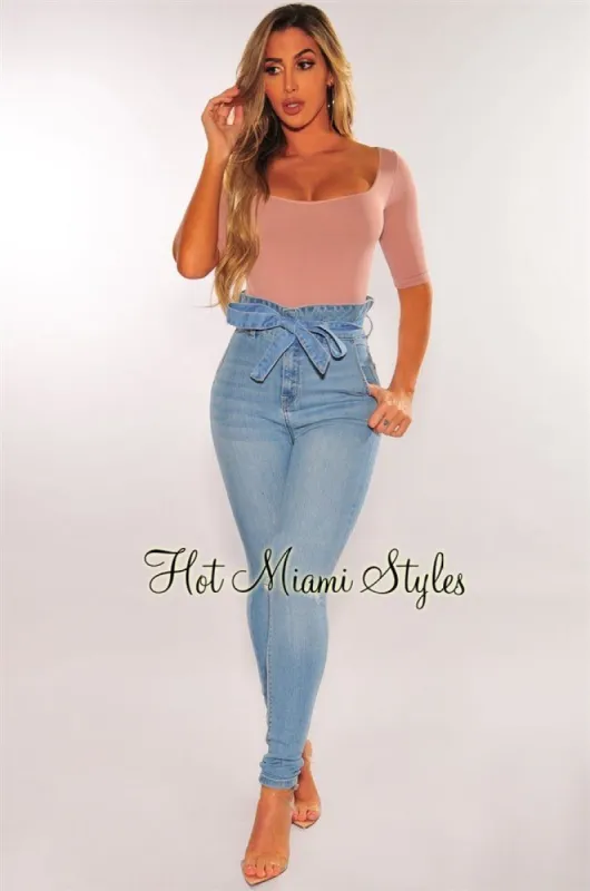Light Denim High Waist Paperbag Belted Skinny Jeans sold by Hot Miami Styles