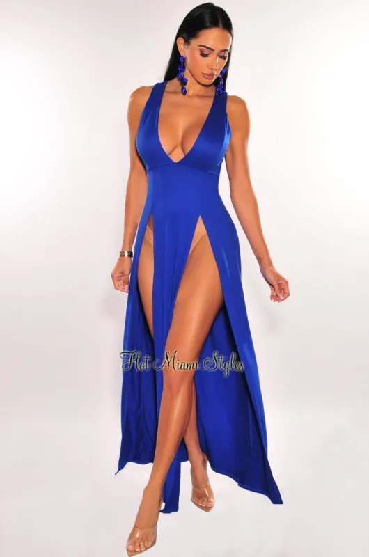 Royal Blue Sleeveless V Neck Double Slit Cover Up Maxi Dress sold by Hot Miami Styles