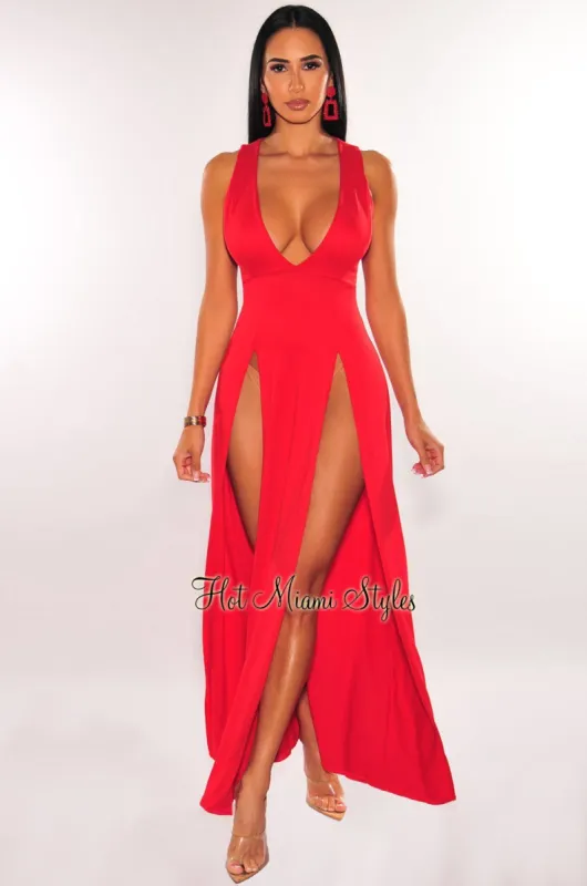 Red Sleeveless V Neck Double Slit Cover Up Maxi Dress sold by Hot Miami Styles