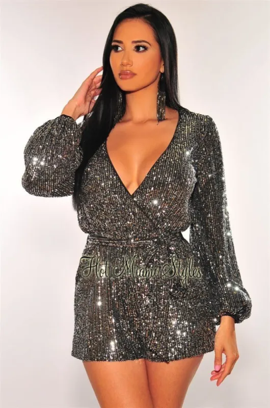Black Silver Sequins Long Sleeves Belted Romper sold by Hot Miami Styles