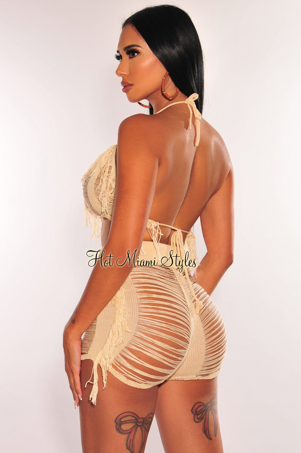 Nude Halter Crochet Ladder Fringe Cover Up Shorts Two Piece Set sold by Hot Miami Styles product image thumbnail 2