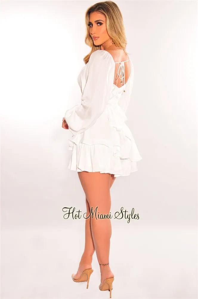 White Long Sleeve Belted Tie Up Ruffle Romper sold by Hot Miami Styles product image thumbnail 4