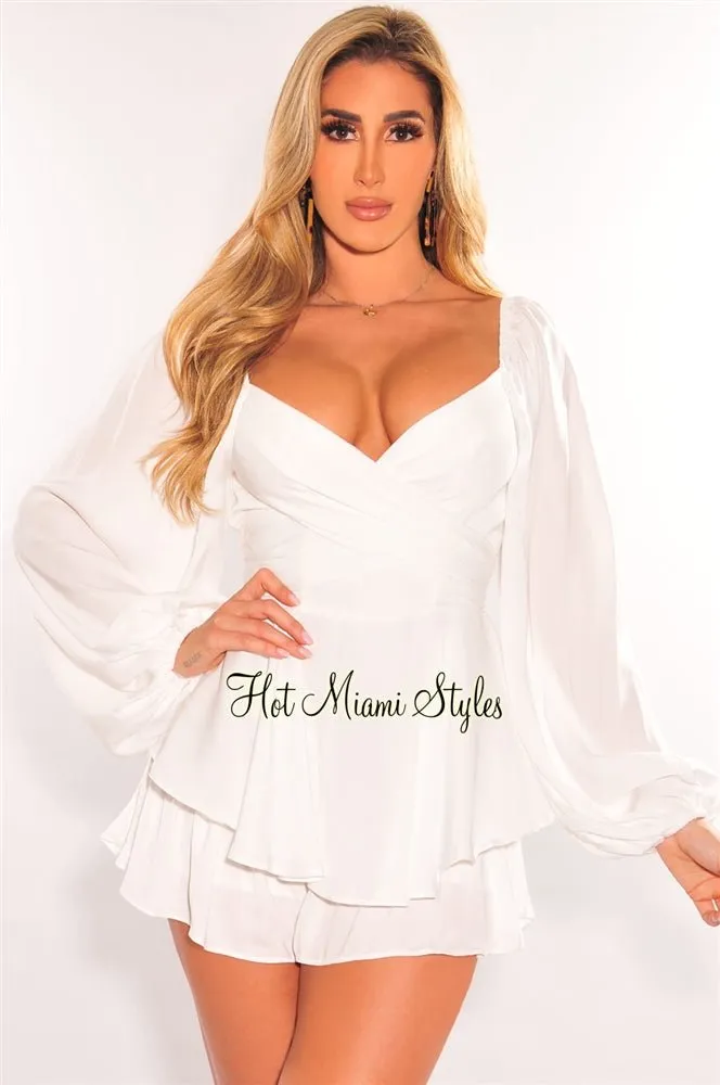 White Long Sleeve Belted Tie Up Ruffle Romper sold by Hot Miami Styles
