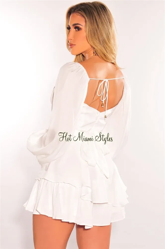 White Long Sleeve Belted Tie Up Ruffle Romper sold by Hot Miami Styles product image thumbnail 2