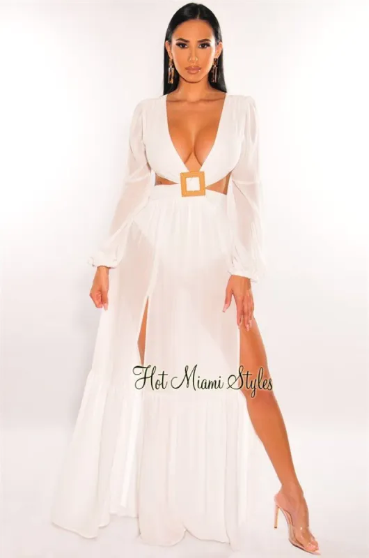 White Mesh V Neck Cut Out Long Sleeves Double Slit Maxi Dress sold by Hot Miami Styles