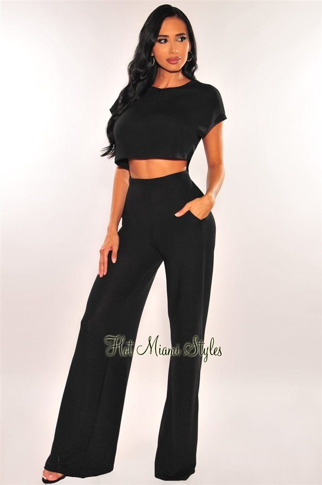 Black Short Sleeve Palazzo Two Piece Set sold by Hot Miami Styles
