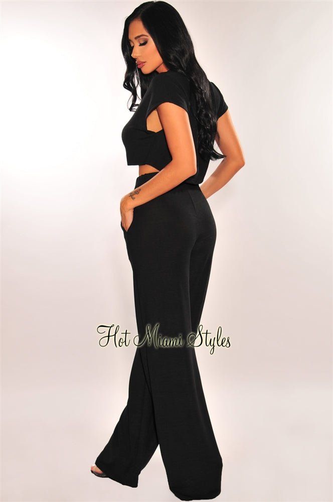Black Short Sleeve Palazzo Two Piece Set sold by Hot Miami Styles product image thumbnail 2