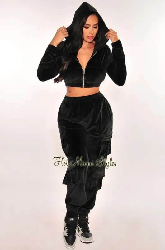 Black Velour Long Sleeve Zip Up Hooded Cargo Joggers Two Piece Set sold by Hot Miami Styles