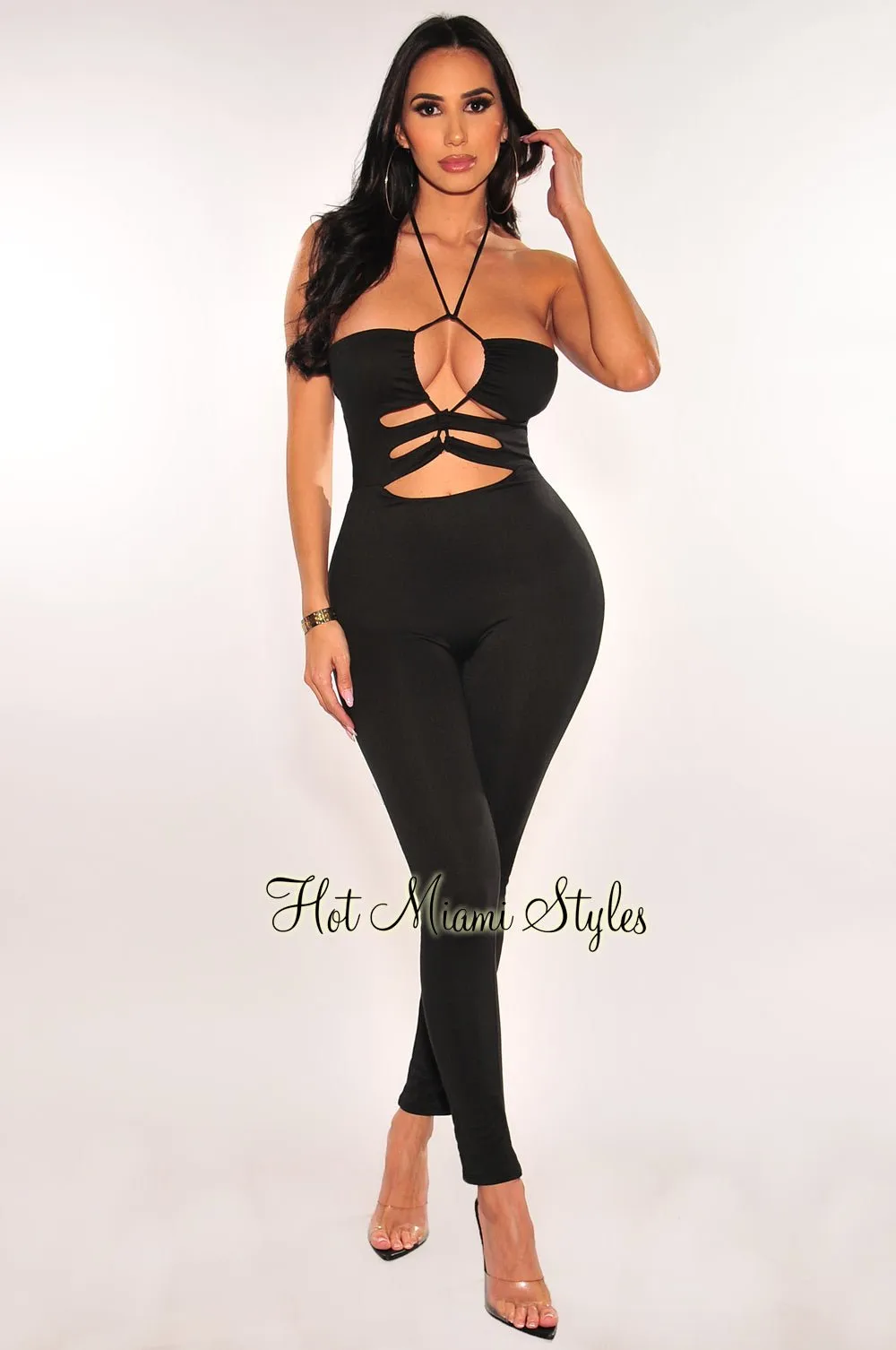 Black Criss Cross Cut Out Halter Open Back Jumpsuit sold by Hot Miami Styles