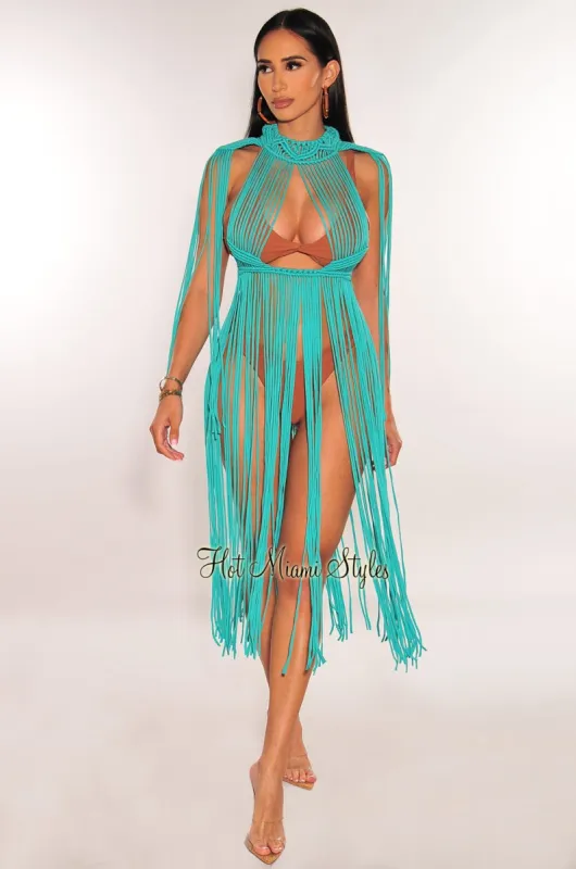 Turquoise Crochet Cape Sleeves Fringe Cover Up Dress sold by Hot Miami Styles