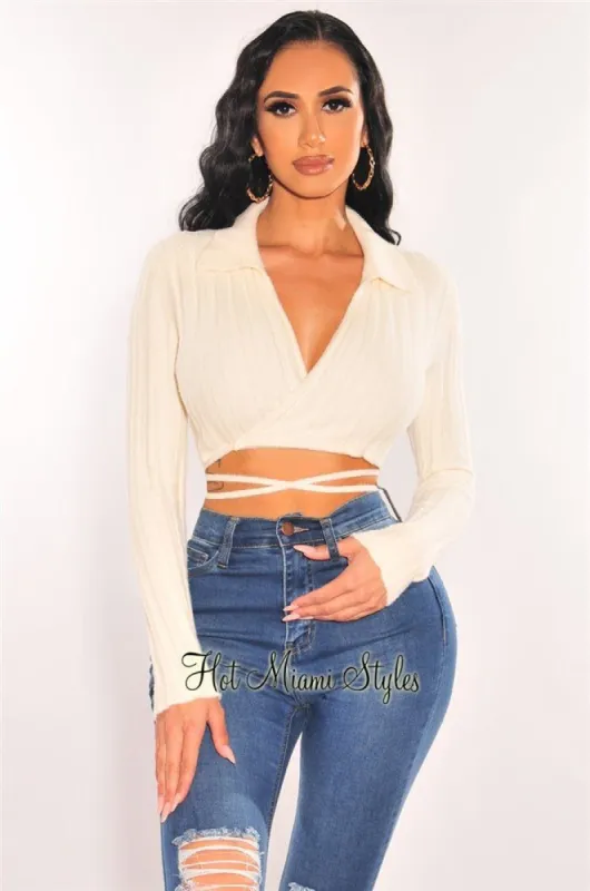 Cream Ribbed Knit Collared Long Sleeve Sweater Crop Top sold by Hot Miami Styles