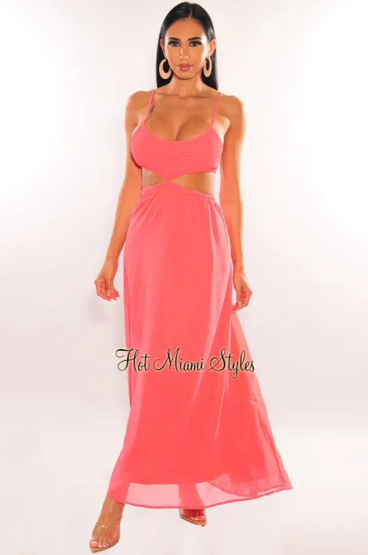 Neon Coral Smocked Spaghetti Straps Cut Out Maxi Dress sold by Hot Miami Styles