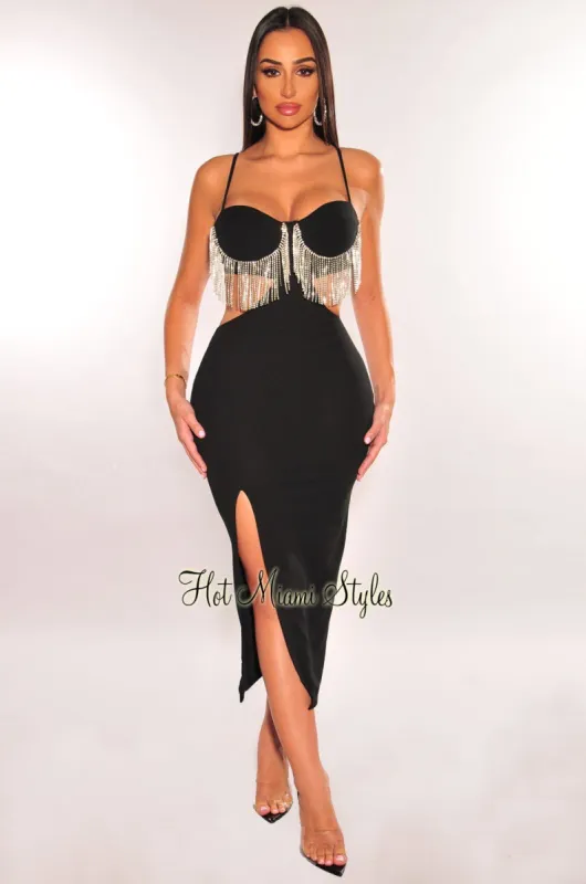 Black Rhinestone Fringe Spaghetti Strap Padded Cut Out Slit Dress sold by Hot Miami Styles