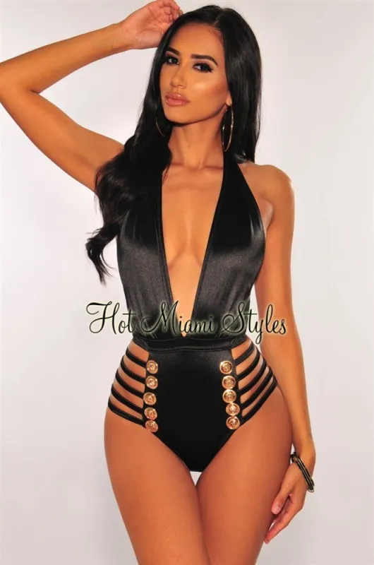 Black Halter Gold Button Strappy Sides Swimsuit sold by Hot Miami Styles