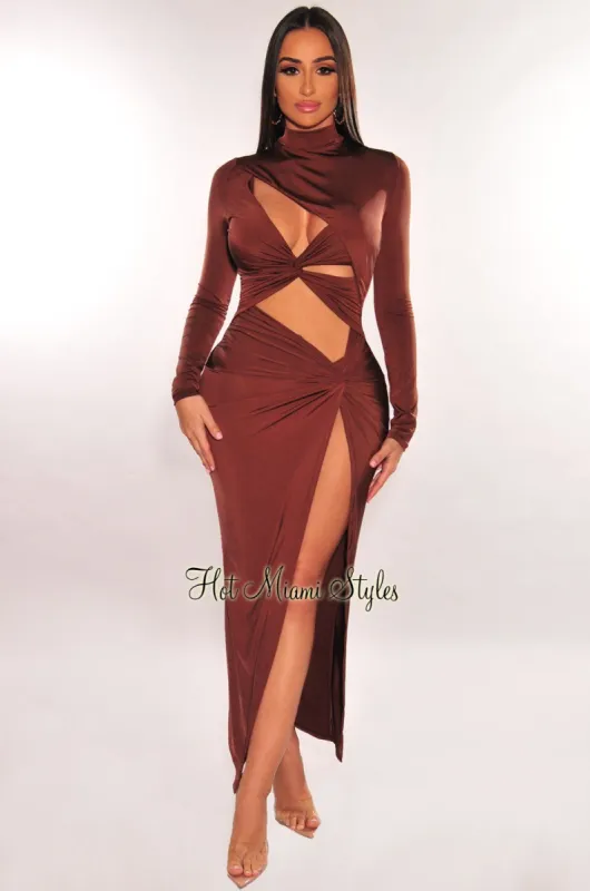 Chocolate Mock Neck Cut Out Long Sleeve Knotted Slit Dress sold by Hot Miami Styles