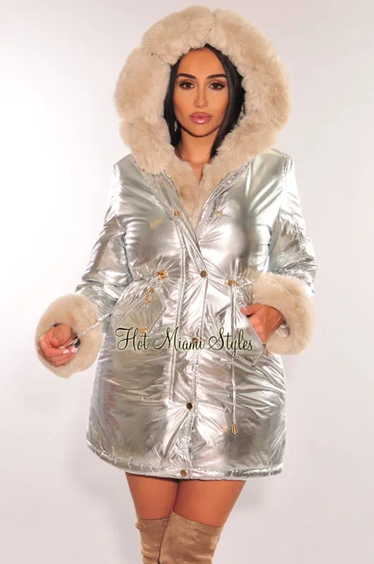 Silver Metallic Faux Fur Hooded Long Sleeve Puffer Coat Jacket sold by Hot Miami Styles