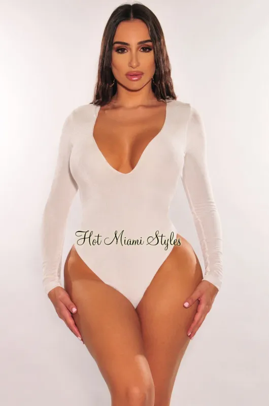 White Shimmery V Neck Long Sleeve Bodysuit sold by Hot Miami Styles