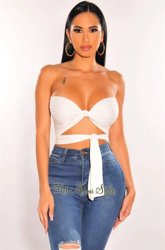White Double Lined Multiwear Bandeau Tie Up Crop Top sold by Hot Miami Styles