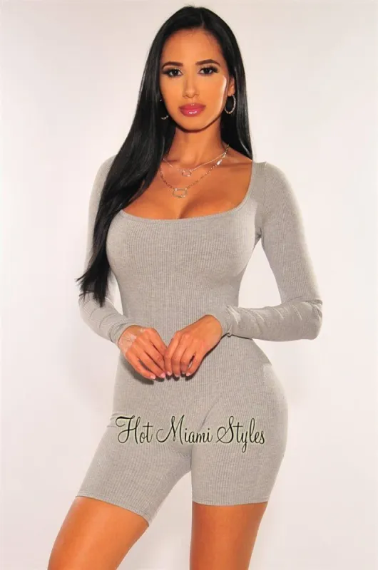 Gray Ribbed Knit Long Sleeves Romper sold by Hot Miami Styles