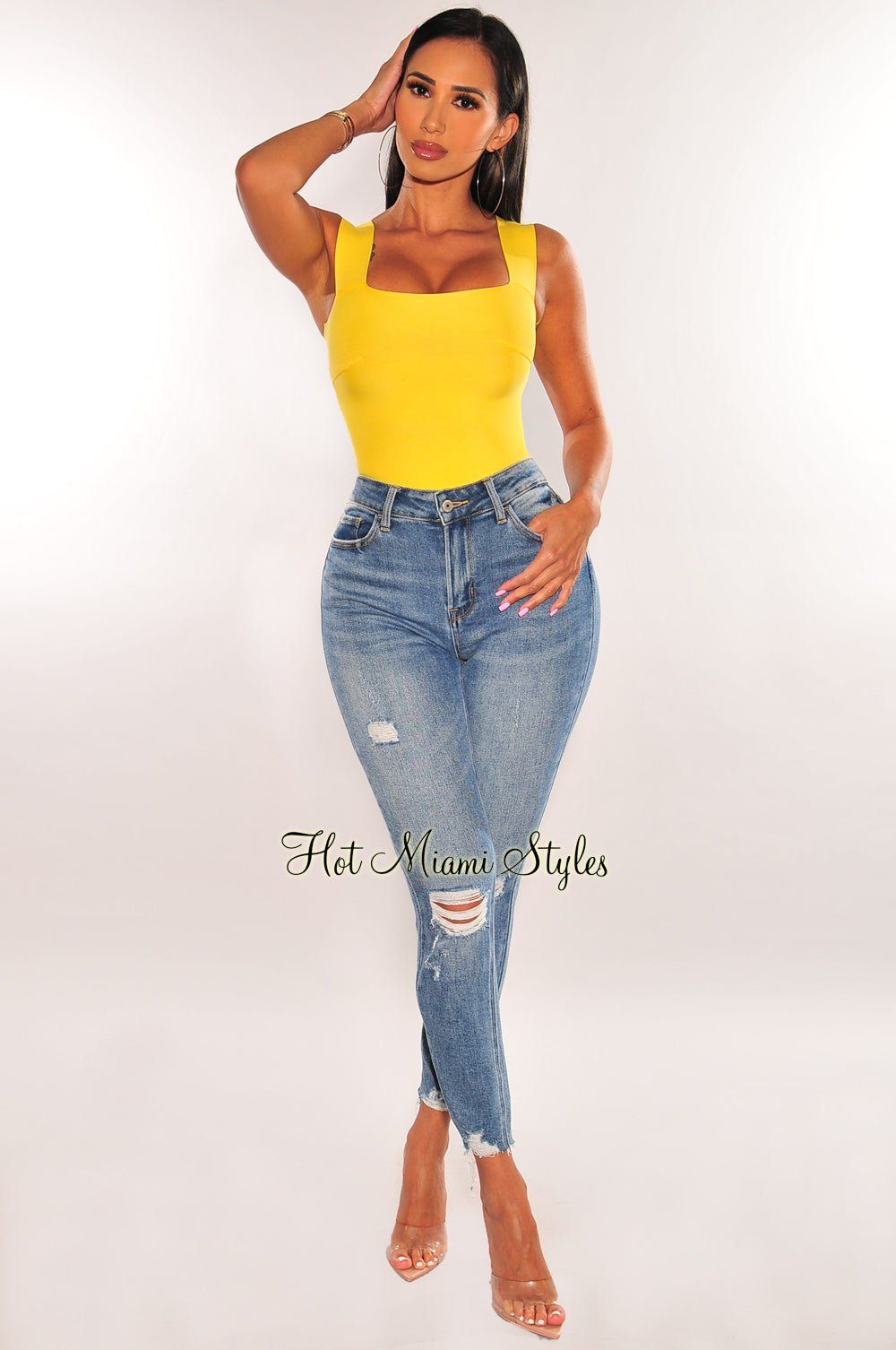 Yellow Square Neck Straps Bandage Bodysuit sold by Hot Miami Styles product image thumbnail 3