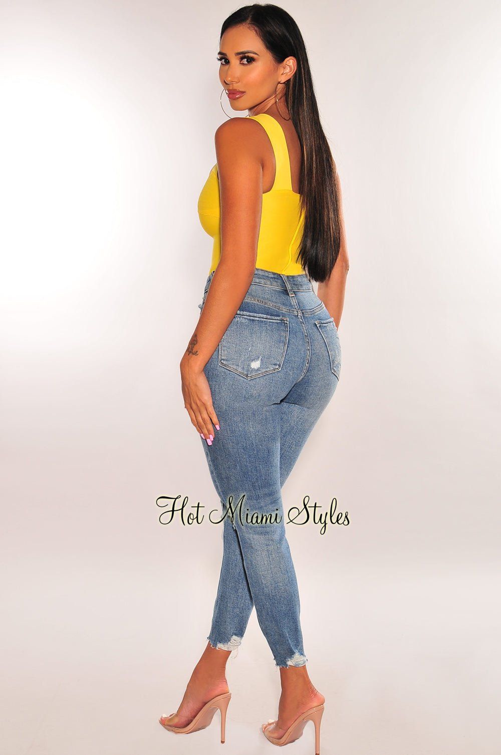 Yellow Square Neck Straps Bandage Bodysuit sold by Hot Miami Styles product image thumbnail 4