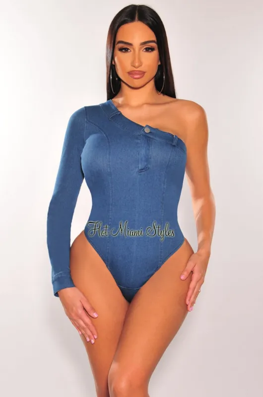 Blue Denim One Shoulder Long Sleeve Bodysuit sold by Hot Miami Styles