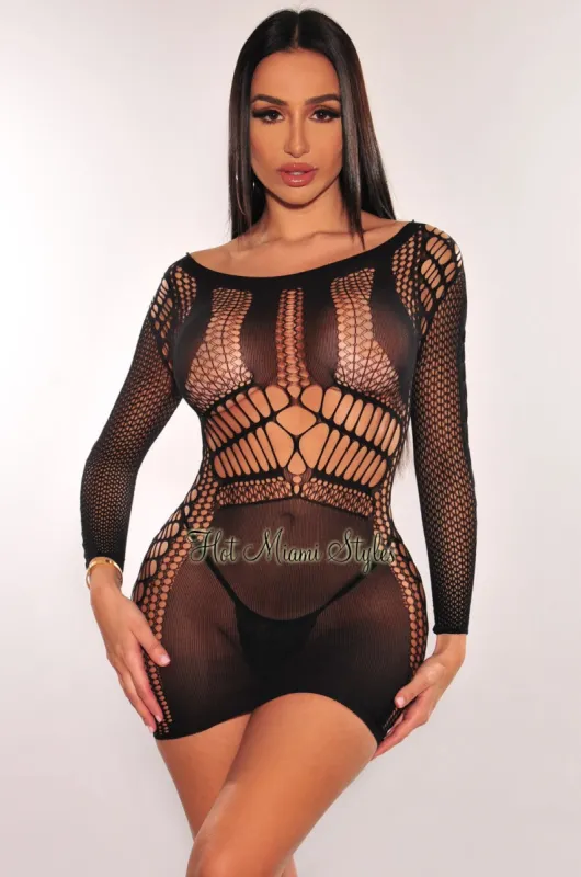 Black Cut Out Long Sleeve Chemise Mini Dress Lingerie sold by Hot Miami Styles