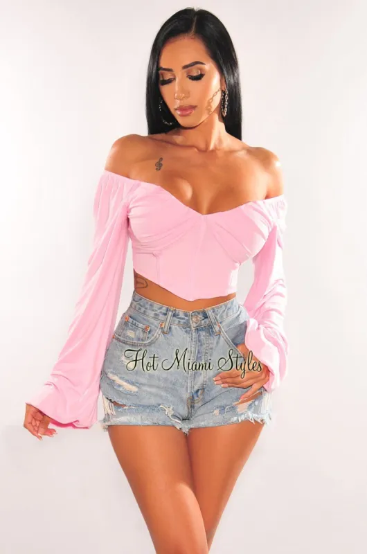 Baby Pink Long Sleeve Lace Up Back Bustier Crop Top sold by Hot Miami Styles