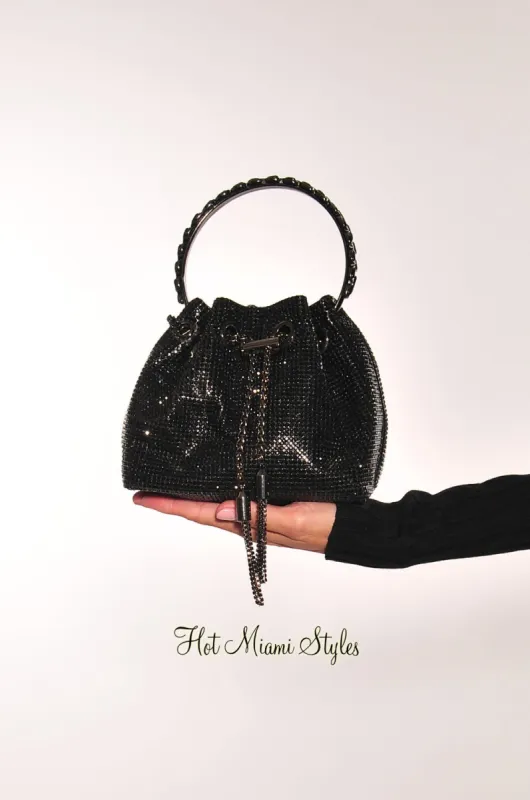 Black Fashion Rhinestone Drawstring Handle Cross Body sold by Hot Miami Styles