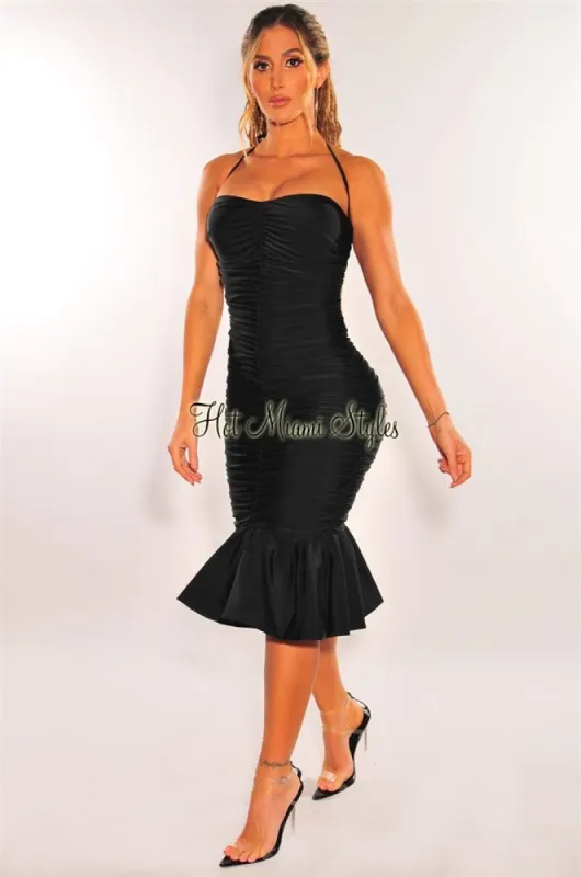 Black Halter Ruched Ruffle Hem Dress sold by Hot Miami Styles