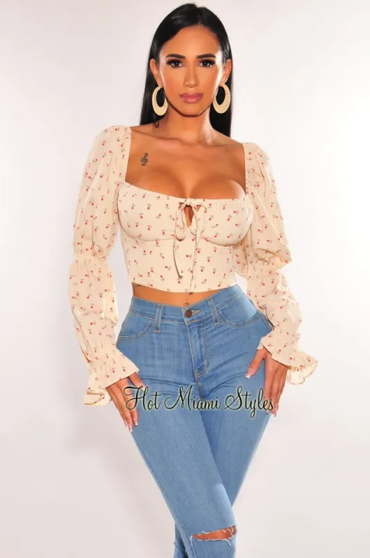 Cream Floral Print Peasant Long Sleeve Crop Top made by Hot Miami Styles