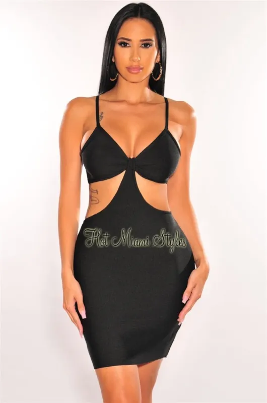 Black Bandage Spaghetti Straps Knotted Cut Out Mini Dress sold by Hot Miami Styles