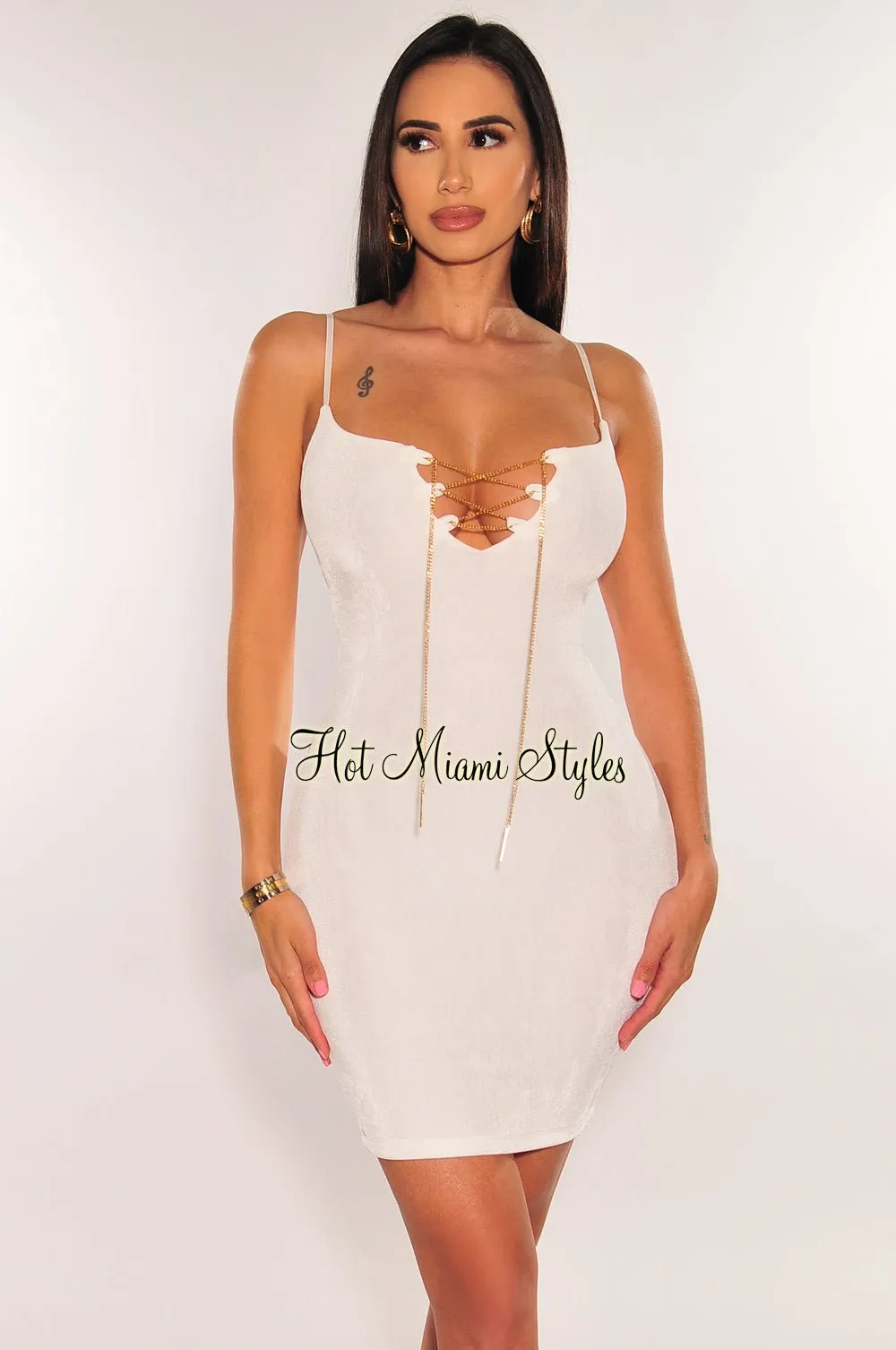 white chain link strap crepe mini dress Clea- Fia Crepe Mini Dress- Parchment