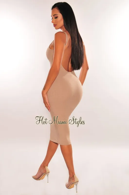 Taupe Ribbed Knit Spaghetti Straps Scoop Back Midi Dress sold by Hot Miami Styles