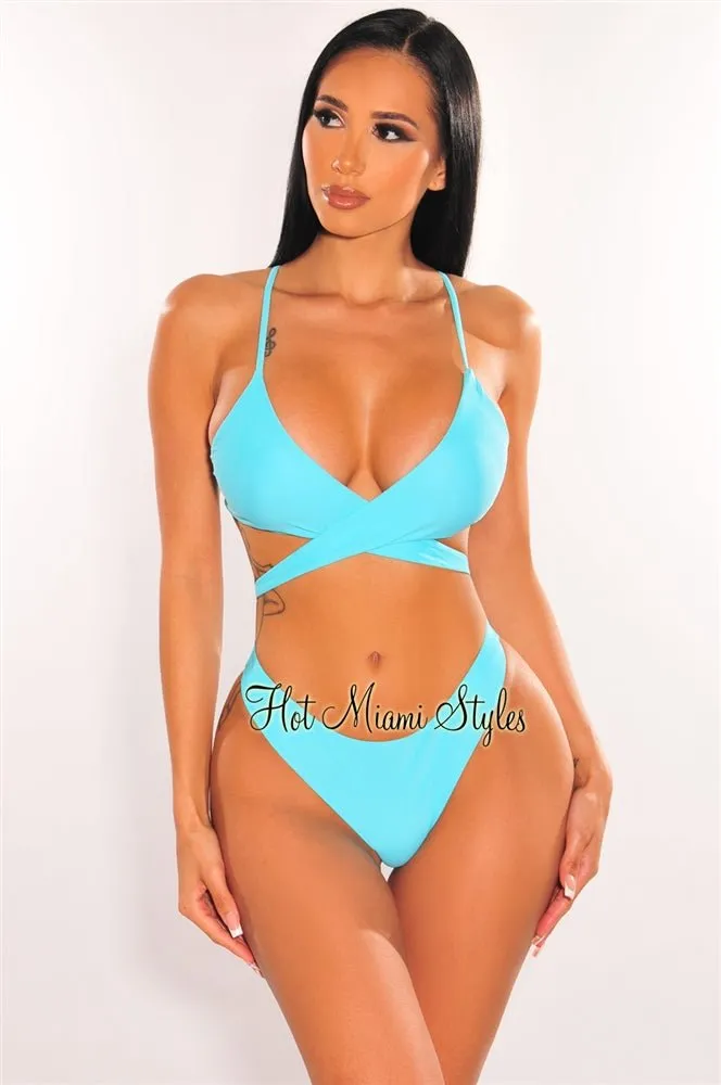 Aqua Padded Crochet Spaghetti Straps Wrap Around Bikini sold by Hot Miami Styles
