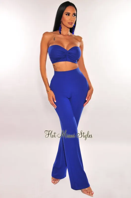 Royal Blue Padded Strapless Knotted Padded Palazzo Pants Two Piece Set sold by Hot Miami Styles