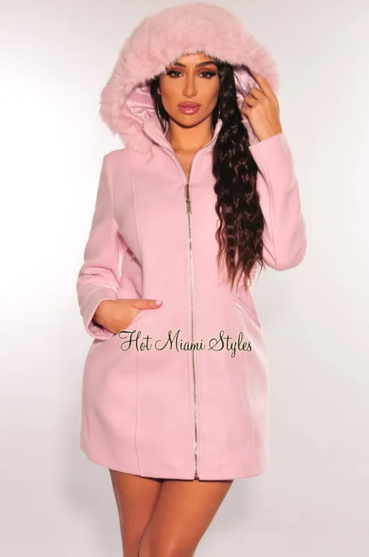 Baby Pink Wool Collared Fur Hooded Zipper Coat Jacket sold by Hot Miami Styles