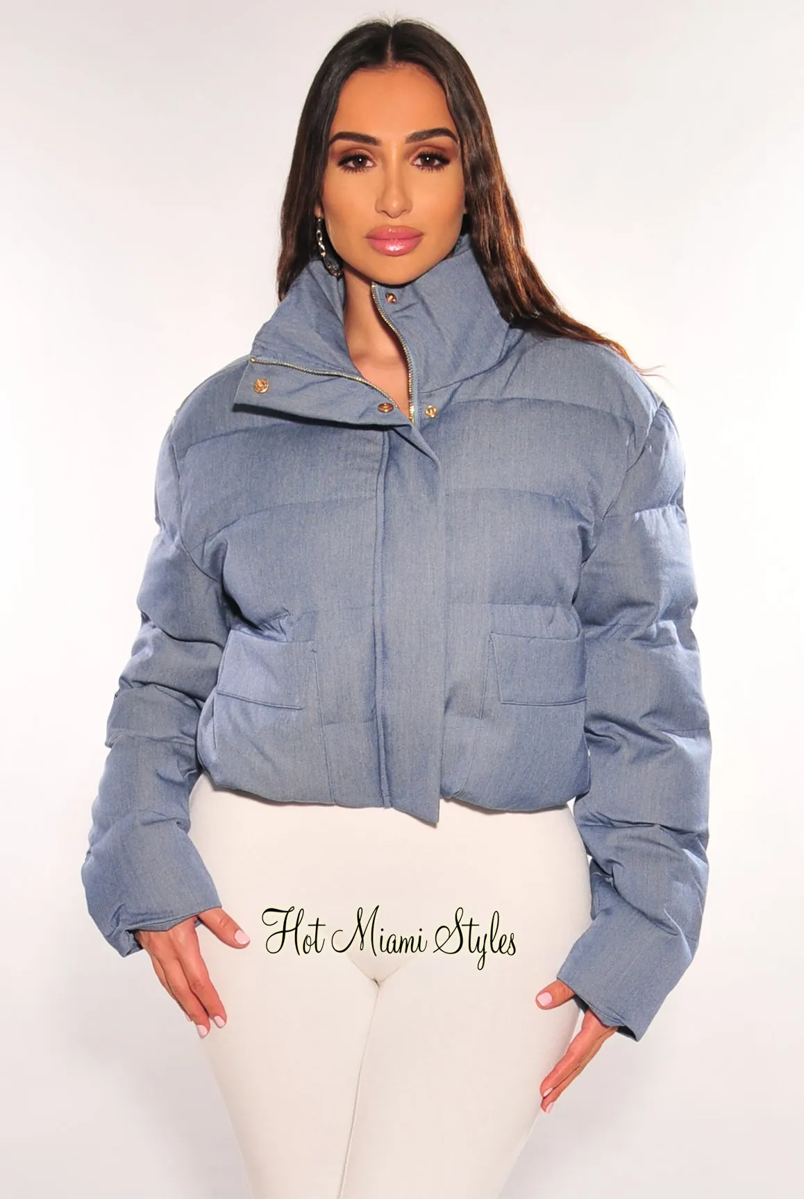 Denim Puffer Bomber Zipper Long Sleeve Cropped Jacket sold by Hot Miami Styles product image thumbnail 3