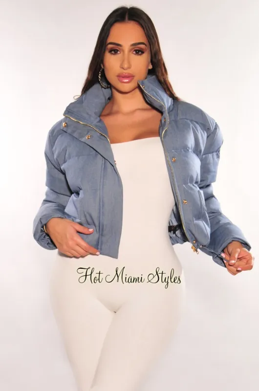 Denim Puffer Bomber Zipper Long Sleeve Cropped Jacket sold by Hot Miami Styles