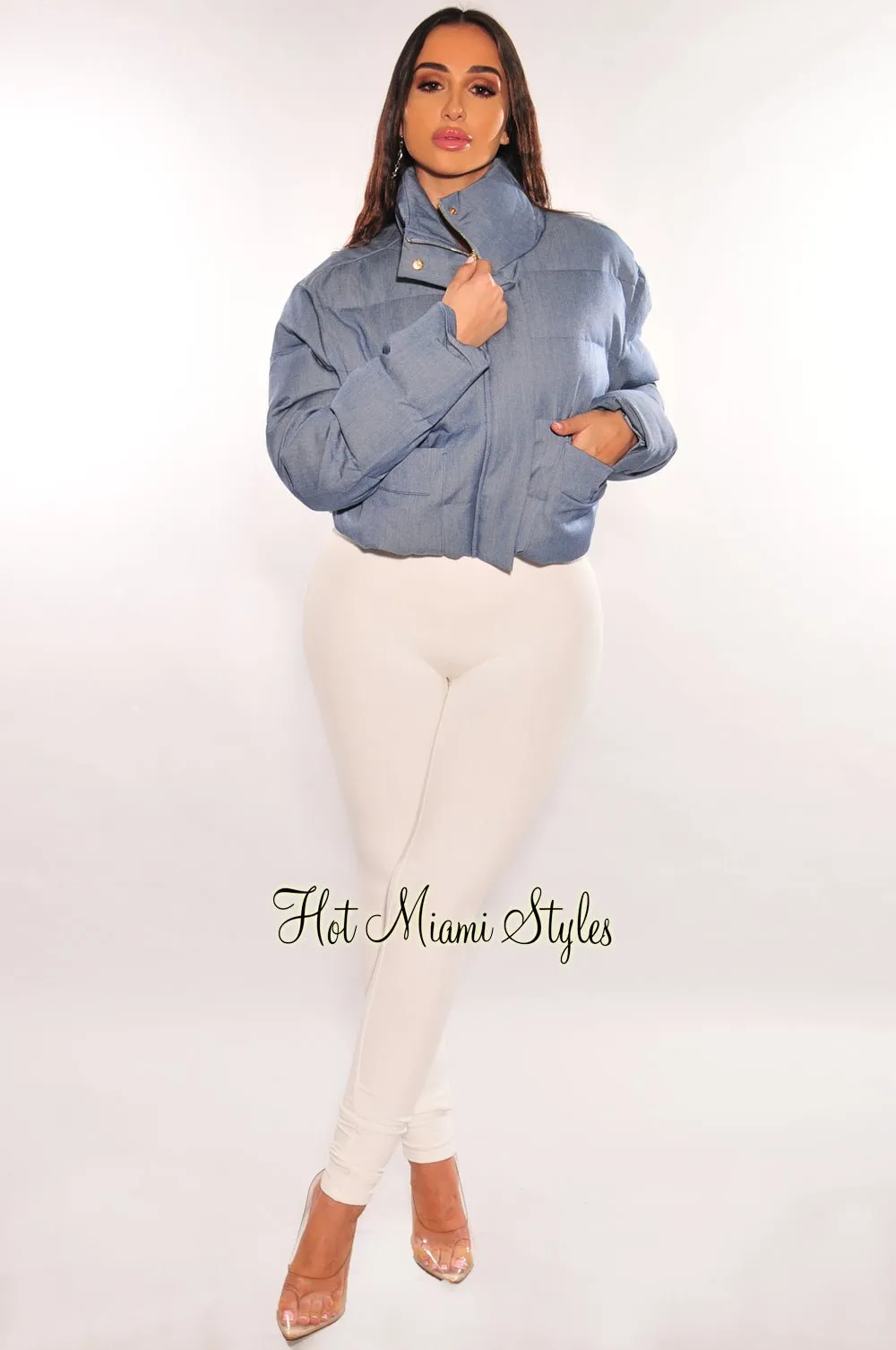 Denim Puffer Bomber Zipper Long Sleeve Cropped Jacket sold by Hot Miami Styles product image thumbnail 4