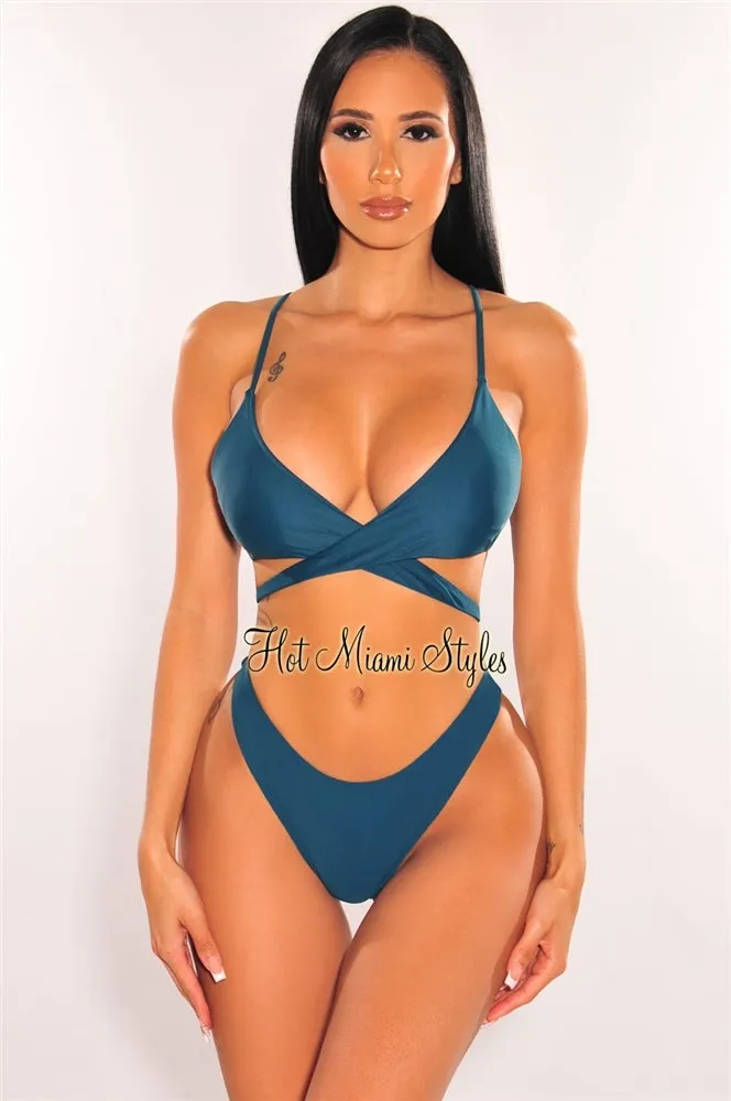 Teal Padded Crochet Spaghetti Straps Wrap Around Bikini Top sold by Hot Miami Styles