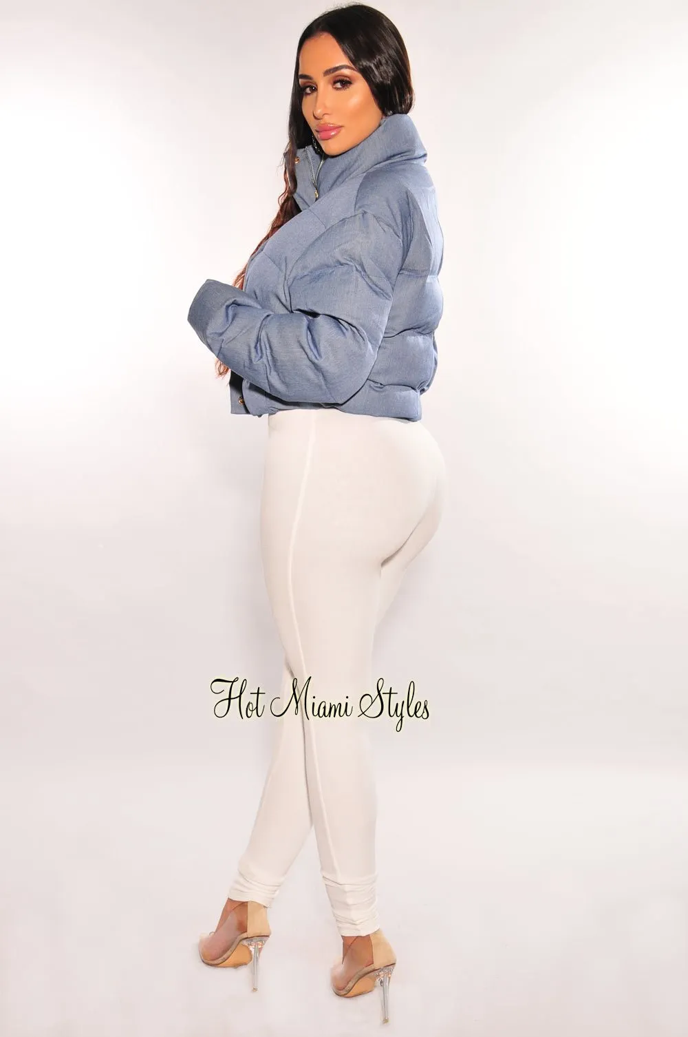 Denim Puffer Bomber Zipper Long Sleeve Cropped Jacket sold by Hot Miami Styles product image thumbnail 5