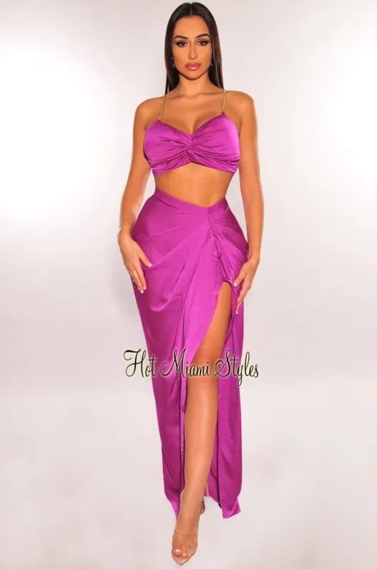 Magenta Gold Chain Padded Knotted Slit Skirt Two Piece Set sold by Hot Miami Styles