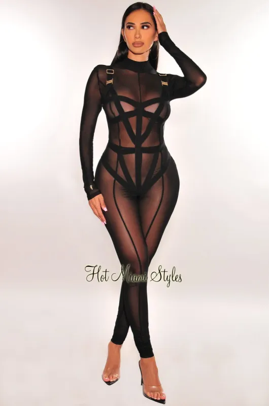 Black Mesh Strappy Bodysuit Long Sleeve Jumpsuit Two Piece Set sold by Hot Miami Styles