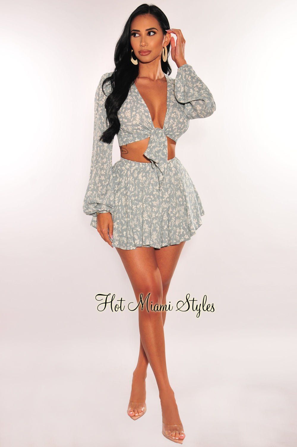 Light Sage Floral Print Tie Up Long Sleeve Shorts Two Piece Set sold by Hot Miami Styles product image thumbnail 3