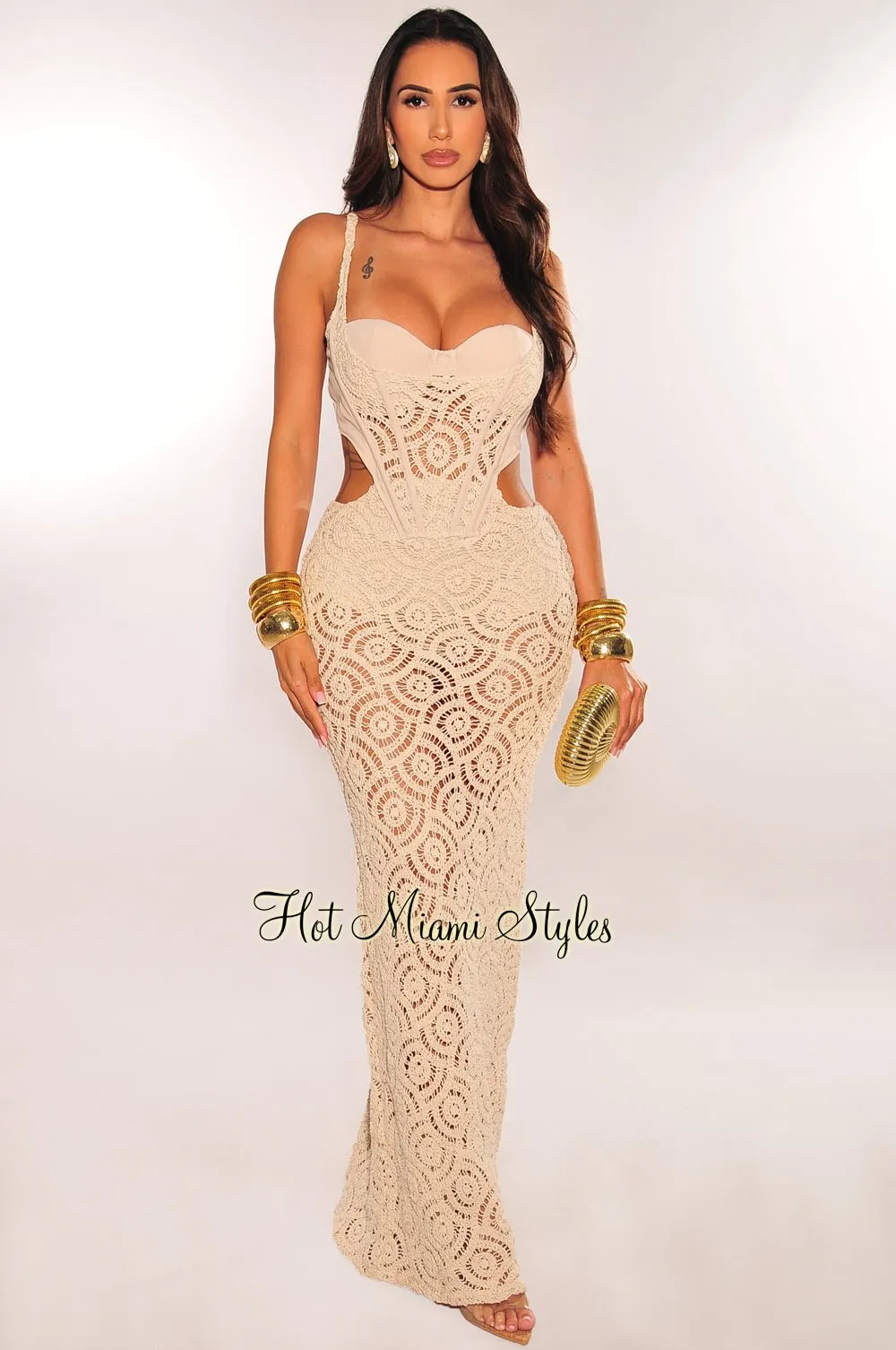 Nude Crochet Spaghetti Strap Padded Boned Underwire Cut Out Maxi Dress sold by Hot Miami Styles