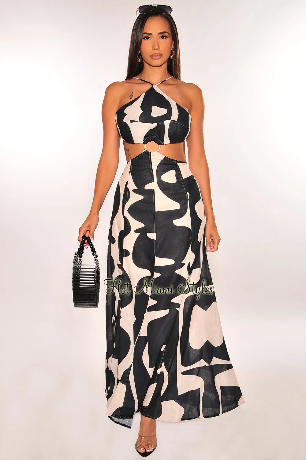 Black Nude Print Strappy Linen Cut Out Maxi Dress sold by Hot Miami Styles