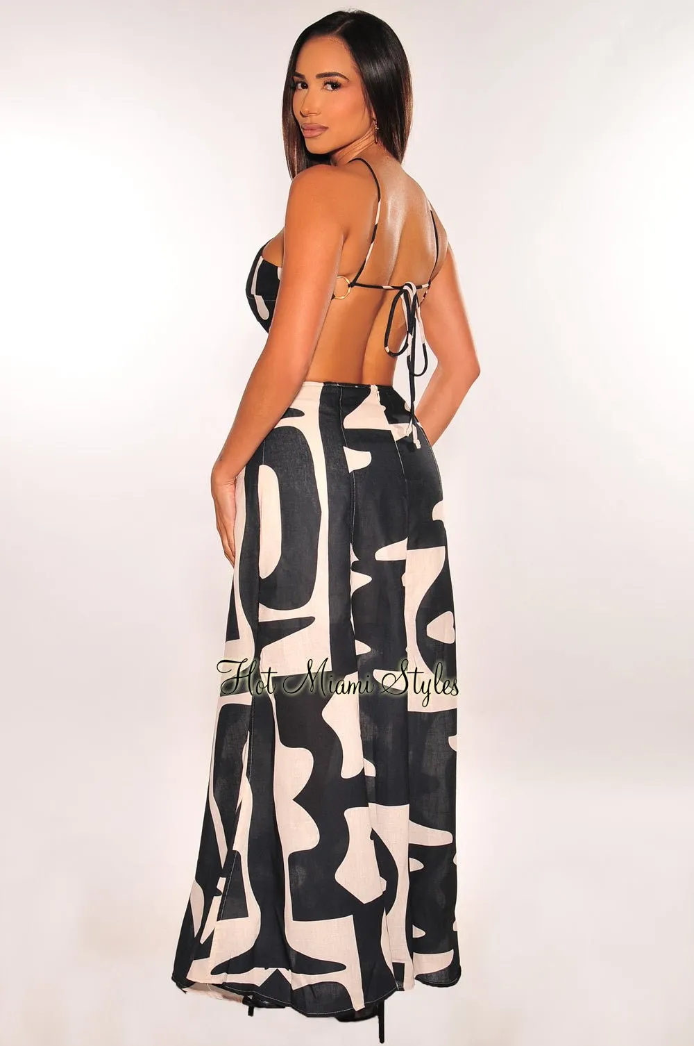 Black Nude Print Strappy Linen Cut Out Maxi Dress sold by Hot Miami Styles product image thumbnail 2